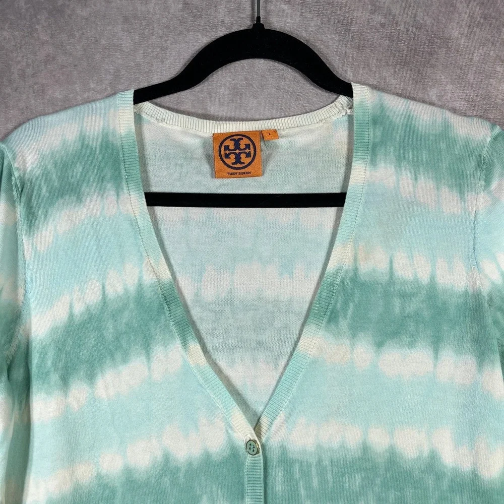 Tory Burch Cardigan Sweater Womens Large Green Tie Dye Knit Button‎ Front V-Neck
